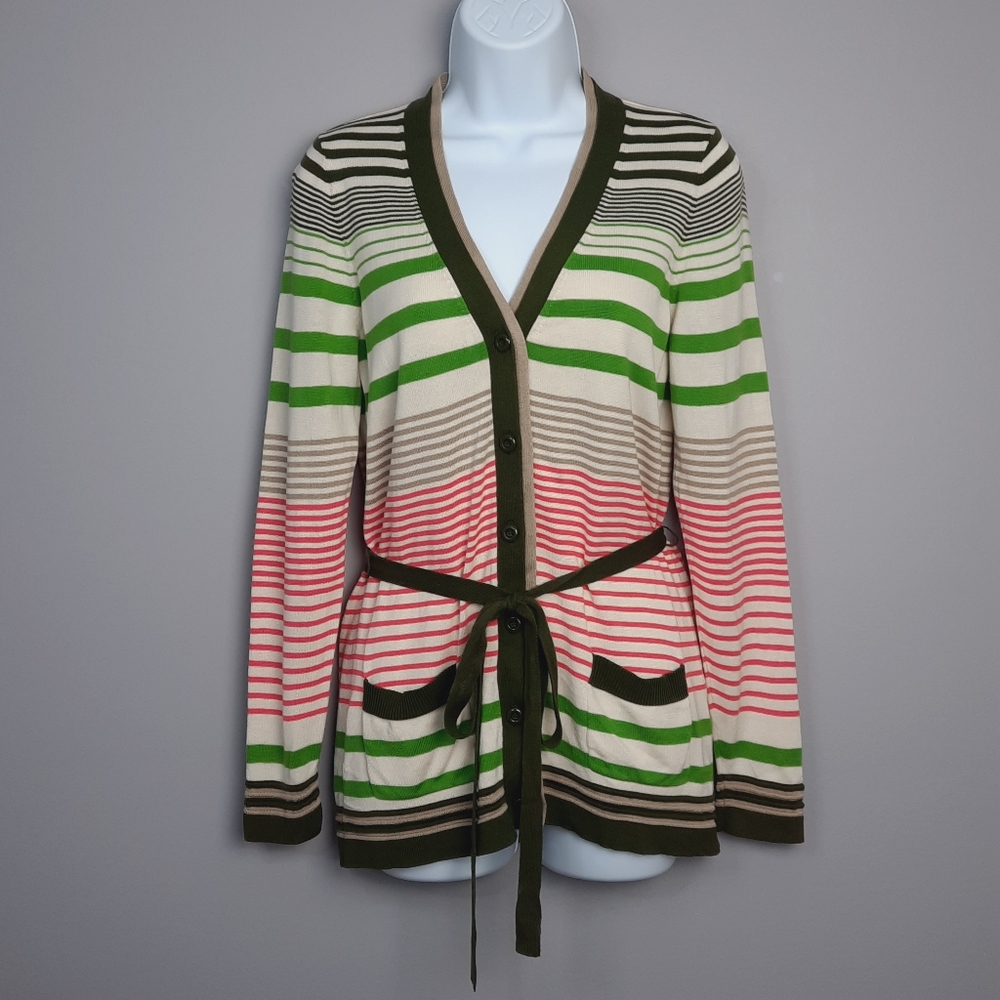 Milly Silk Green and Cream Striped Button Front Belted Cardigan Sweater Medium